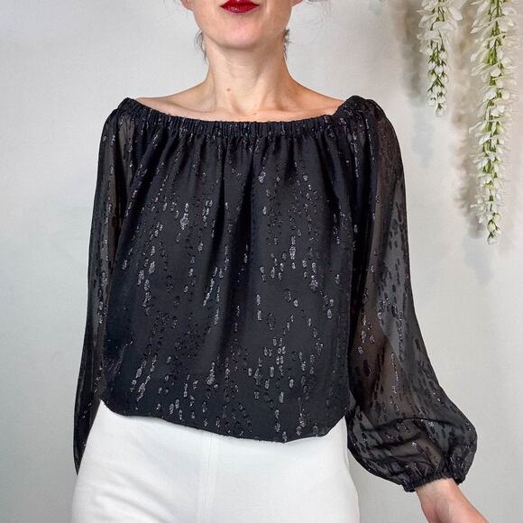 NWT LILLY PULITZER Emilee Long Sleeve Off Shoulder top Onyx metallic sheer 2217 - Picture 1 of 12